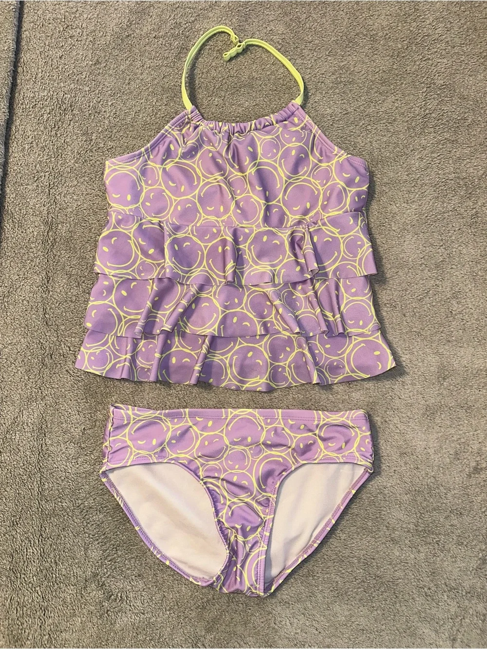 Justice Purple Smiley Face Ruffle Tankini Swimsuit Set